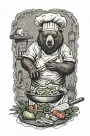 A bear wearing a chef's hat and apron, chopping vegetables with a knife tattoo design idea