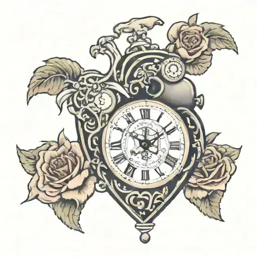 Anatomical heart that suffered a coronary vein infarction, above the heart there must be a broken vintage clock tattoo design idea