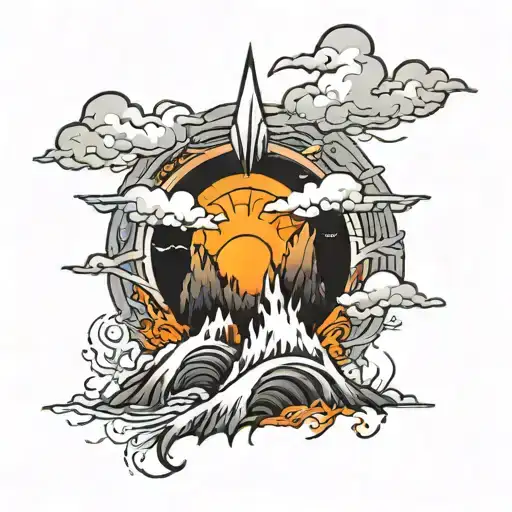 fiery sun, rising upon mountains with waterfall.  neo traditional style. black and gray tattoo design idea