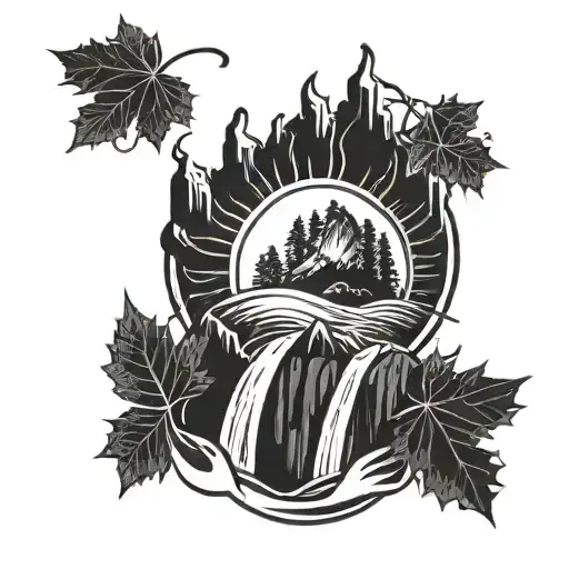 fiery sun, rising upon mountains with waterfall. maple leaves decoration tattoo design idea