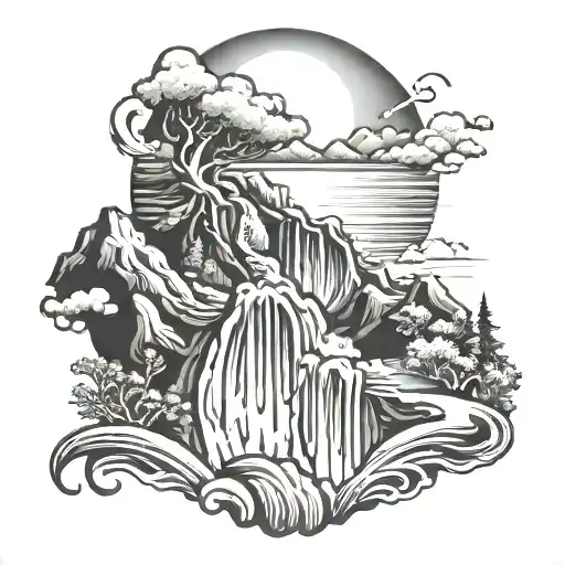 fiery sun, rising upon mountains with waterfall.  tattoo design idea