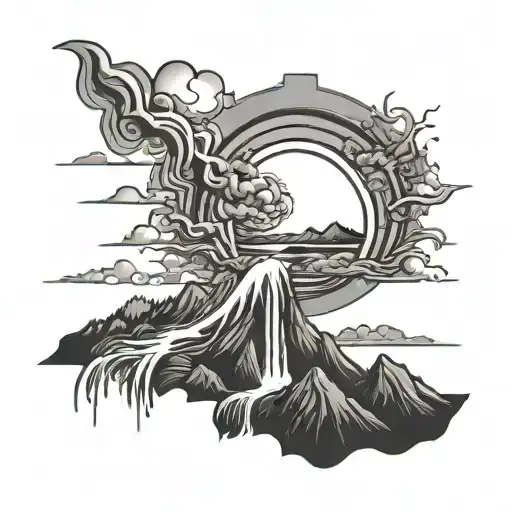 fiery sun, rising upon mountains with waterfall.  tattoo design idea
