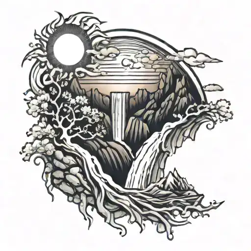 fiery sun, rising upon mountains with waterfall.  tattoo design idea