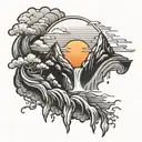 fiery sun, rising upon mountains with waterfall.  tattoo design idea