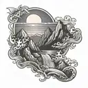 fiery sun, rising upon mountains with waterfall.  tattoo design idea