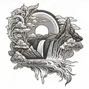fiery sun, rising upon mountains with waterfall.  tattoo design idea