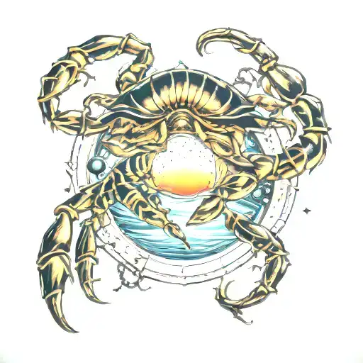 scorpion seeing its reflection in a mirrror and surrounded by celestial bodies tattoo design idea
