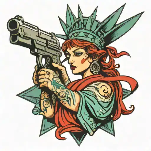 lady Liberty with a bandana over her face pointing a pistol tattoo design idea