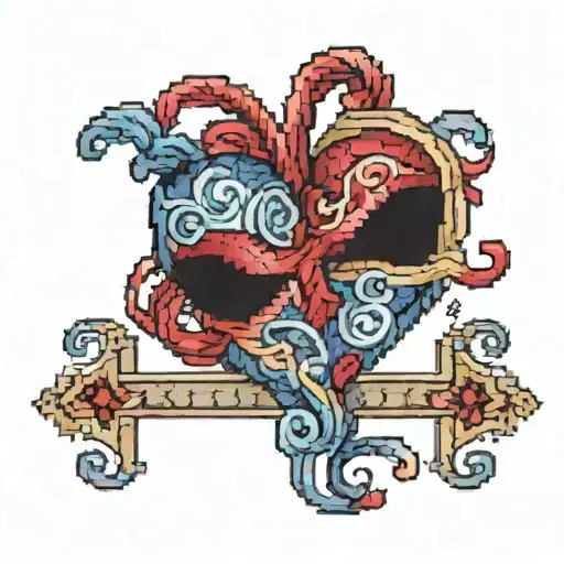 cross stitch x's heart pattern with red blue and purple watercolor tattoo design idea