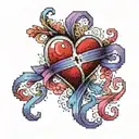 cross stitch x's heart pattern with red blue and purple watercolor tattoo design idea