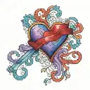 cross stitch x's heart pattern with red blue and purple watercolor tattoo design idea