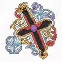 cross stitch x's heart pattern with red blue and purple watercolor tattoo design idea