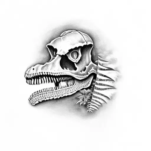 fern with dinosaur skull tattoo design idea