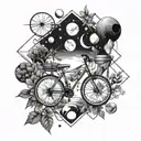 A geometric design incorporating elements of cycling and nature, with planets scattered throughout tattoo design idea