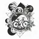 A geometric design incorporating elements of cycling and nature, with planets scattered throughout tattoo design idea