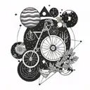 A geometric design incorporating elements of cycling and nature, with planets scattered throughout tattoo design idea