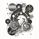 A geometric design incorporating elements of cycling and nature, with planets scattered throughout tattoo design idea