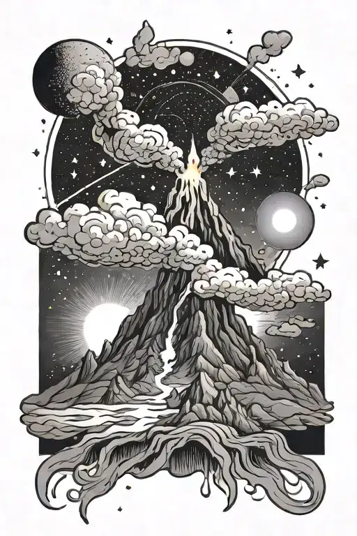 A black-grey tattoo of a volcano with lava flowing into a galaxy filled with stars tattoo design idea