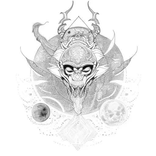 An intricate blackwork design of a lunar deity riding a motorcycle through a starry night sky tattoo design idea