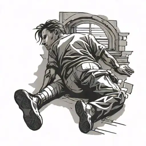 A black and grey tattoo of a prisoner lying on the ground, staring at a ceiling window with sunlight peeking through, symbolizing hope and escape tattoo design idea
