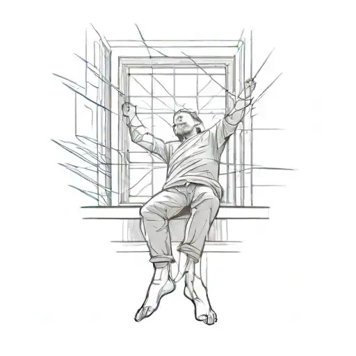A sketch style tattoo of a prisoner on the floor, looking up at a ceiling window with sunlight pouring in, representing the desire for freedom tattoo design idea