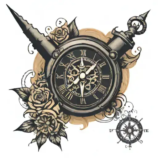 A clock at 11 o'clock mixed with a compass mixed with the sentence "time will pass anyway" tattoo design idea