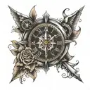 A clock at 11 o'clock mixed with a compass mixed with the sentence "time will pass anyway" tattoo design idea