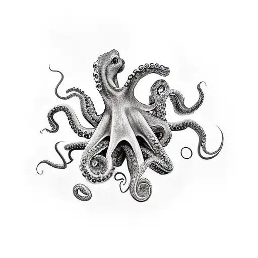 full color octopus,  red, vertical composition tattoo design idea