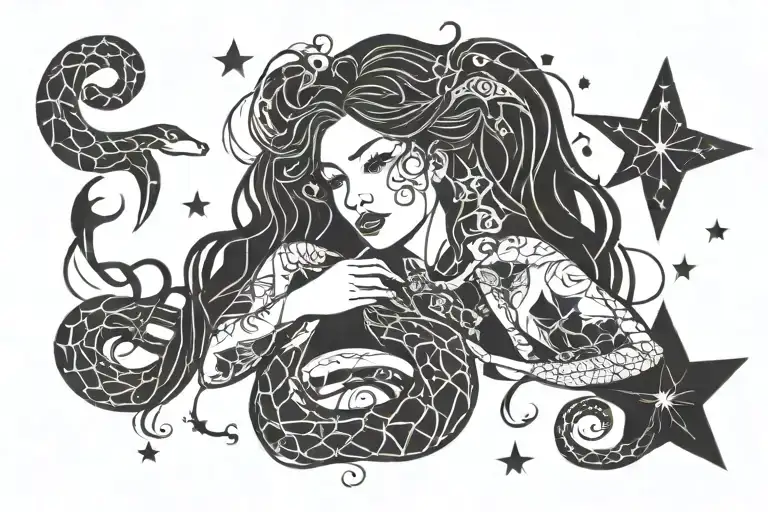 woman with long hais and snake zentalgle stars and doodles  tattoo design idea