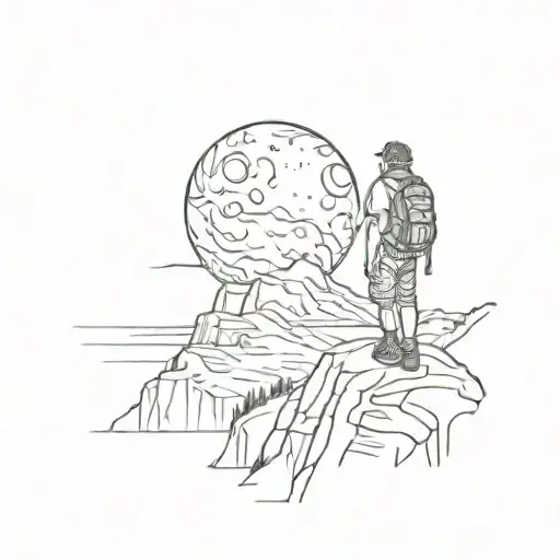 A sketch style tattoo of a backpacker standing on a cliff overlooking the ocean under a full moon tattoo design idea