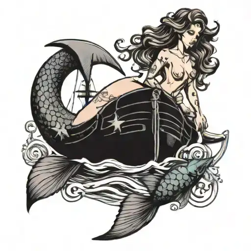 nude mermaid with ship on bicep tattoo design idea