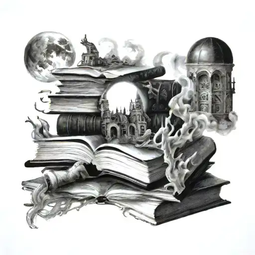 A stack of books with ghostly apparitions floating around them, with a sun shining overhead tattoo design idea