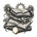 A stack of books with ghostly apparitions floating around them, with a sun shining overhead tattoo design idea