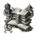 A stack of books with ghostly apparitions floating around them, with a sun shining overhead tattoo design idea