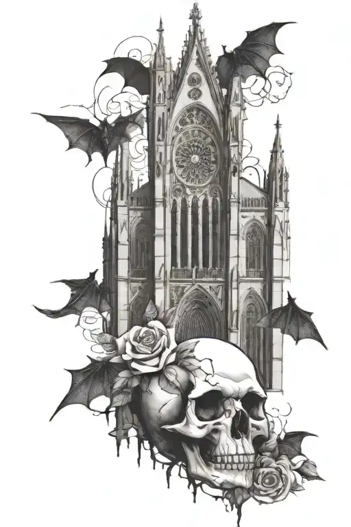 gothic cathedral with stained glass windows, dark victorian accents, rotting flowers, bats flying and snakes and skulls tattoo design idea