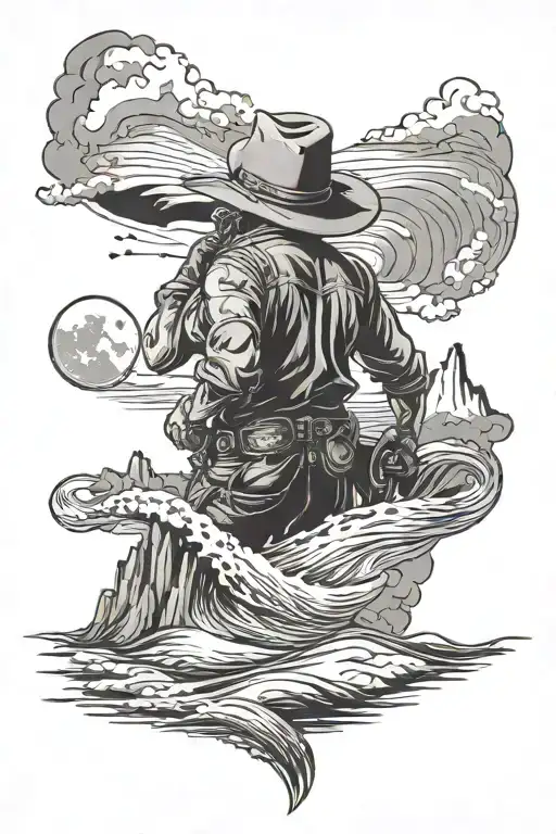  Man with a cowboy hat, western from western, view from back, pistol, Half moon, Wave of an ocean, Mountain. Blended tat tattoo design idea