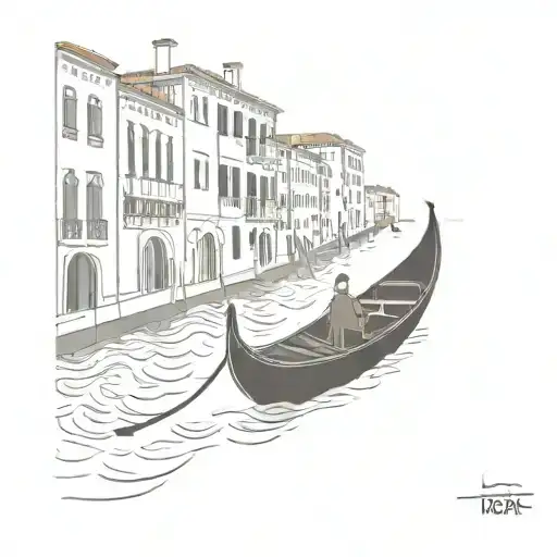 A simple outline of a gondola floating in the canals of Venice, surrounded by iconic Italian architecture tattoo design idea