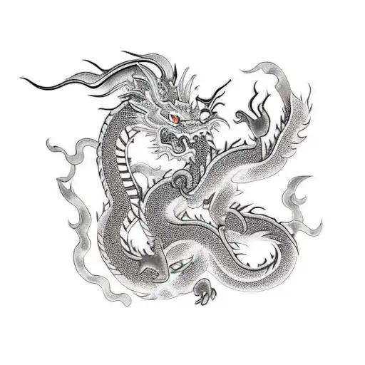 back tattoo, asian dragon, mouse sitting on top of dragon's head tattoo design idea