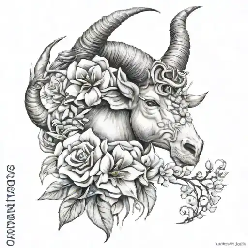 capricorn zodiac sign with flowers tattoo design idea