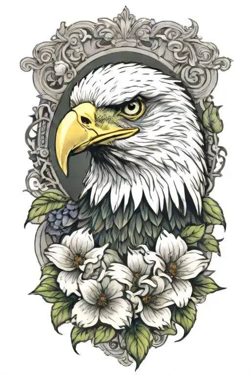 an eagle with green eyes with a flower tattoo design idea