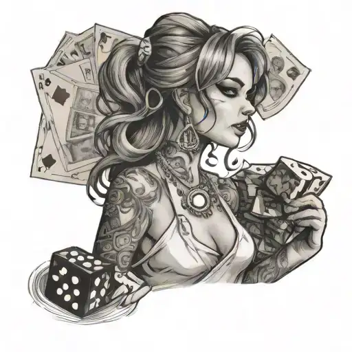a young woman with some dice and a roulette wheel and bills tattoo design idea