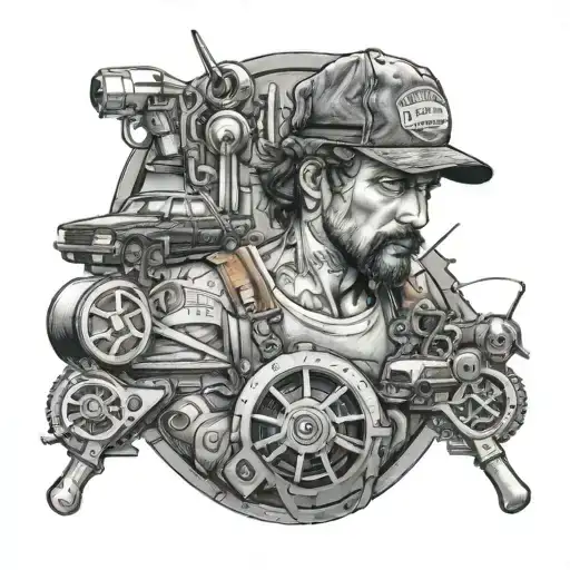 A tattoo design featuring a mechanic working in a workshop surrounded by heavy metal music symbols and references to Stranger Things tattoo design idea