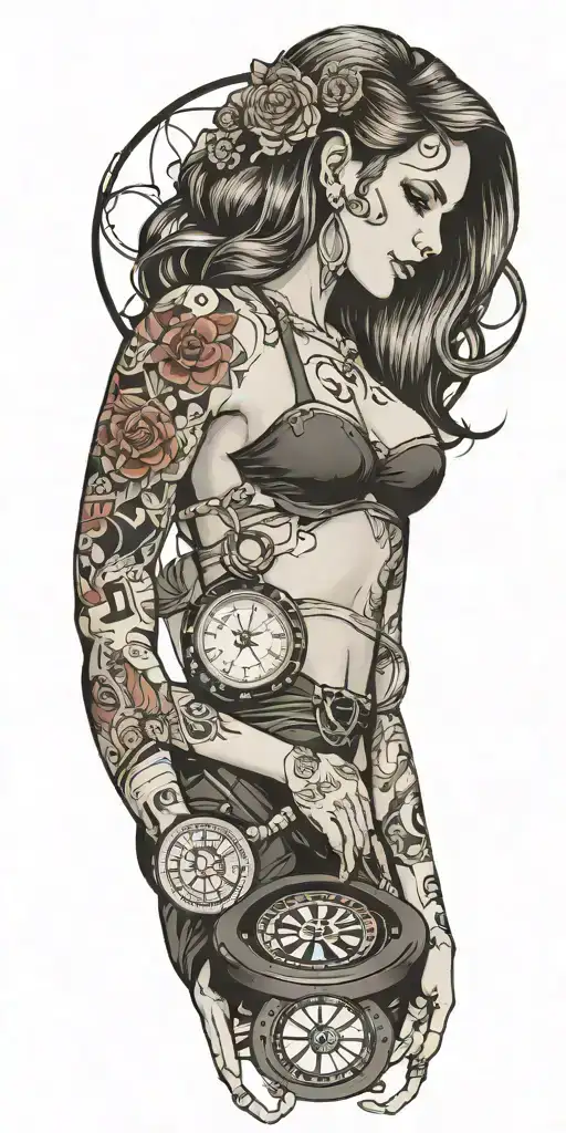 a young woman and some dice and and a roulette wheel tattoo design idea