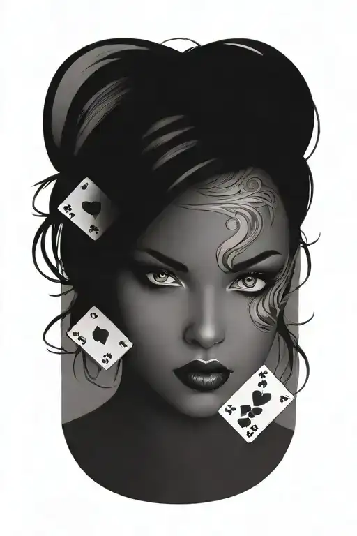 the face of a pretty young woman with poker cards tattoo design idea