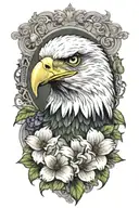 an eagle with green eyes with a flower tattoo design idea