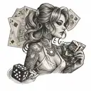 a young woman with some dice and a roulette wheel and bills tattoo design idea