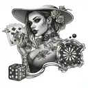 a young woman with some dice and a roulette wheel and bills tattoo design idea