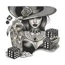 a young woman with some dice and a roulette wheel and bills tattoo design idea