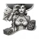 a young woman with some dice and a roulette wheel and bills tattoo design idea