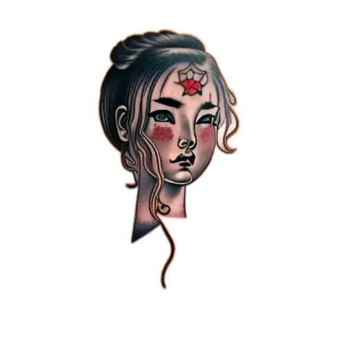head of a girl in a ramen bowl tattoo design idea